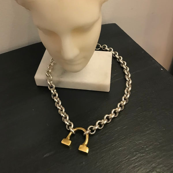Silver Chain Link Necklace with Brass Horseshoe Toggle